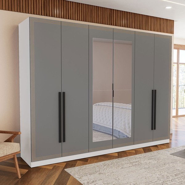 Guarda-Roupa Valência 6 Portas 4 Gavetas com Espelho Branco/Cinza - Politorno