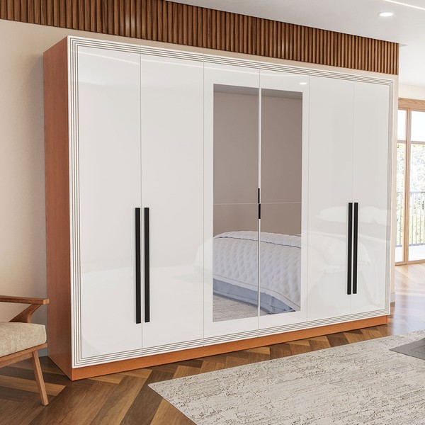 Guarda-Roupa Valência 6 Portas 4 Gavetas com Espelho Freijó/Branco - Politorno