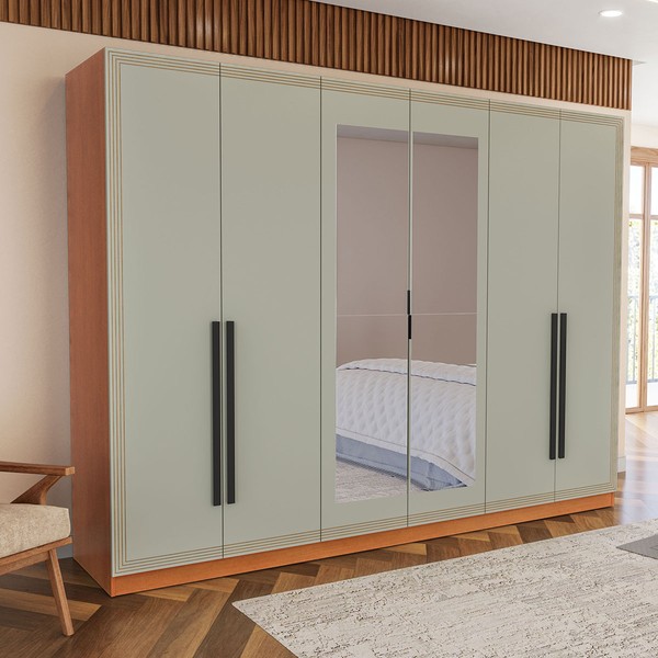 Guarda-Roupa Valência 6 Portas 4 Gavetas com Espelho Freijó/Verde - Politorno