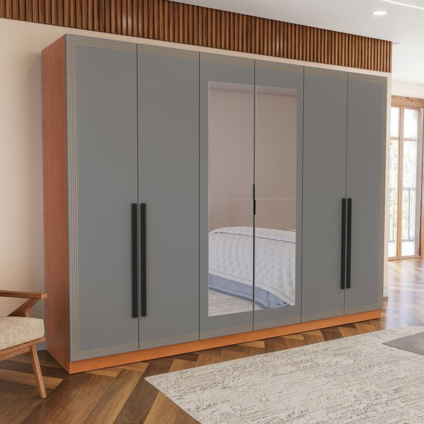 Guarda-Roupa Valência 6 Portas 4 Gavetas com Espelho Freijó/Cinza - Politorno