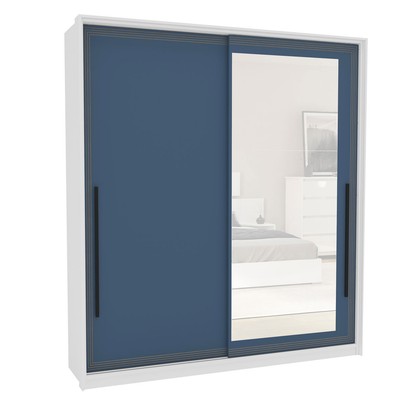 Guarda-Roupa Casal Valência 2 Portas 2 Gavetas com Espelho Branco/Azul - Politorno