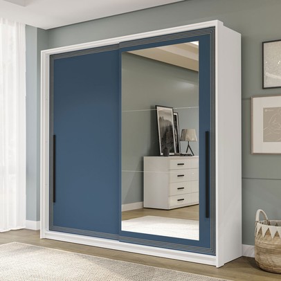 Guarda-Roupa Casal Valência 2 Portas 2 Gavetas com Espelho Branco/Azul - Politorno
