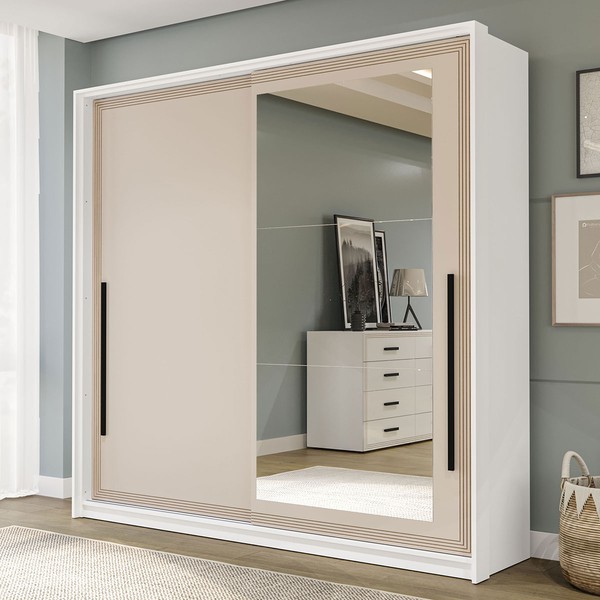 Guarda-Roupa Casal Valência 2 Portas 2 Gavetas com Espelho Branco/Creme - Politorno