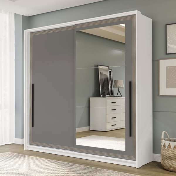 Guarda-Roupa Casal Valência 2 Portas 2 Gavetas com Espelho Branco/Cinza - Politorno