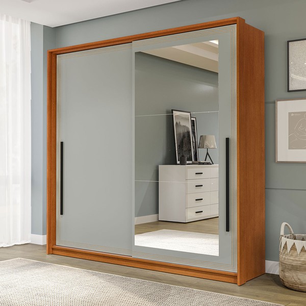 Guarda-Roupa Casal Valência 2 Portas 2 Gavetas com Espelho Freijó/Verde - Politorno