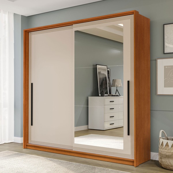 Guarda-Roupa Casal Valência 2 Portas 2 Gavetas com Espelho Freijó/Creme - Politorno