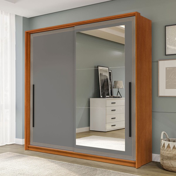 Guarda-Roupa Casal Valência 2 Portas 2 Gavetas com Espelho Freijó/Cinza - Politorno