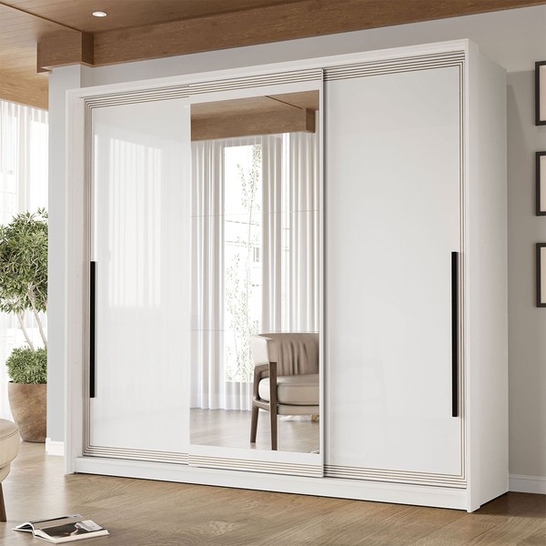 Guarda-Roupa Casal Valência 3 Portas 4 Gavetas com Espelho Branco - Politorno