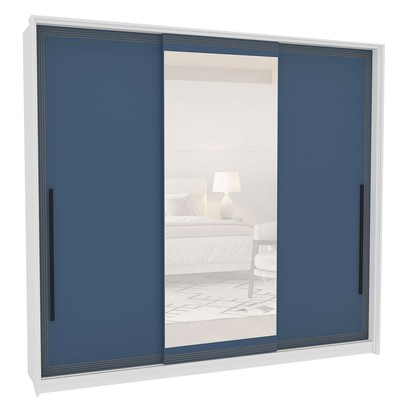 Guarda-Roupa Casal Valência 3 Portas 4 Gavetas com Espelho Branco/Azul - Politorno