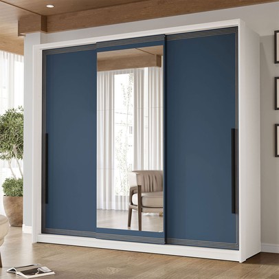 Guarda-Roupa Casal Valência 3 Portas 4 Gavetas com Espelho Branco/Azul - Politorno