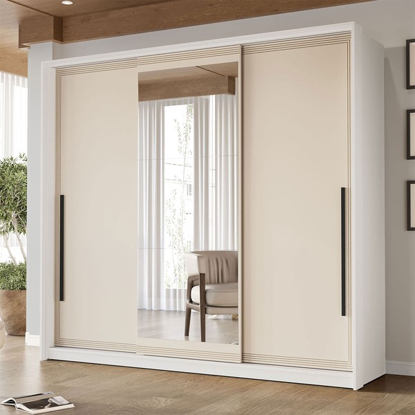 Guarda-Roupa Casal Valência 3 Portas 4 Gavetas com Espelho Branco/Creme - Politorno