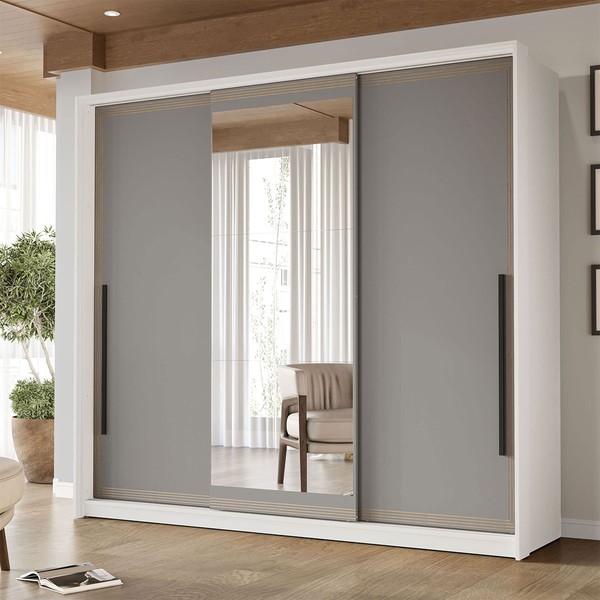 Guarda-Roupa Casal Valência 3 Portas 4 Gavetas com Espelho Branco/Cinza - Politorno