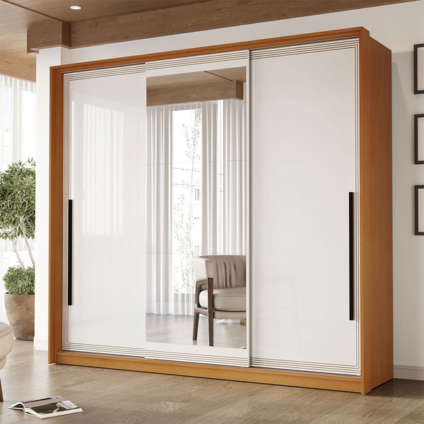 Guarda-Roupa Casal Valência 3 Portas 4 Gavetas com Espelho Freijó/Branco - Politorno