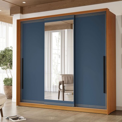 Guarda-Roupa Casal Valência 3 Portas 4 Gavetas com Espelho Freijó/Azul - Politorno