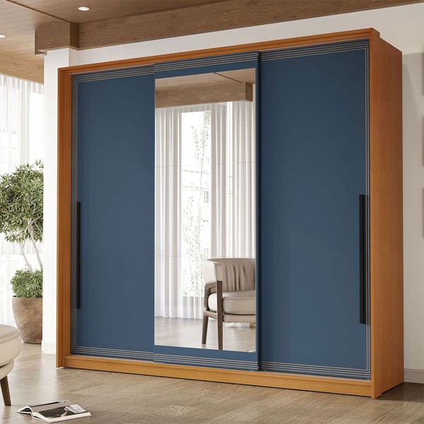 Guarda-Roupa Casal Valência 3 Portas 4 Gavetas com Espelho Freijó/Azul - Politorno