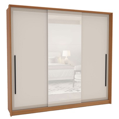 Guarda-Roupa Casal Valência 3 Portas 4 Gavetas com Espelho Freijó/Creme - Politorno