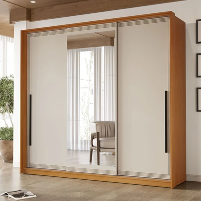 Guarda-Roupa Casal Valência 3 Portas 4 Gavetas com Espelho Freijó/Creme - Politorno