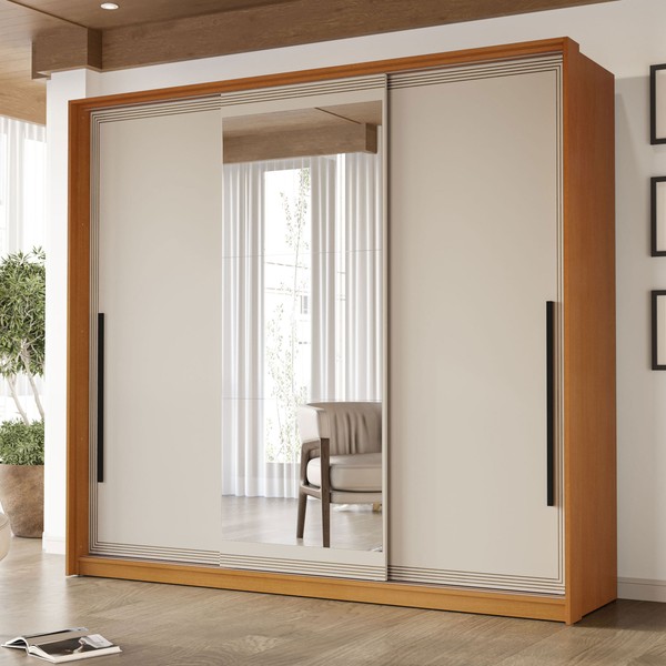 Guarda-Roupa Casal Valência 3 Portas 4 Gavetas com Espelho Freijó/Creme - Politorno