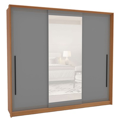 Guarda-Roupa Casal Valência 3 Portas 4 Gavetas com Espelho Freijó/Cinza - Politorno