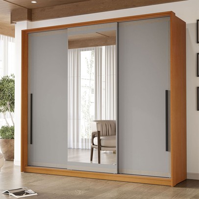 Guarda-Roupa Casal Valência 3 Portas 4 Gavetas com Espelho Freijó/Cinza - Politorno