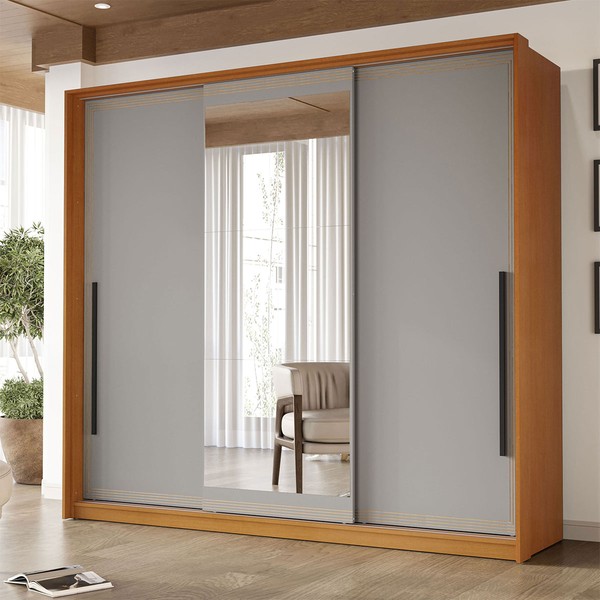 Guarda-Roupa Casal Valência 3 Portas 4 Gavetas com Espelho Freijó/Cinza - Politorno