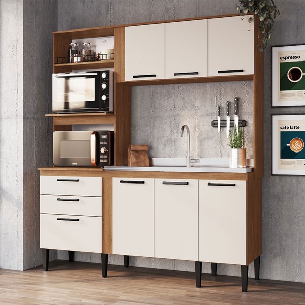 Cozinha Compacta Sophia 7 Portas 2 Gavetas Freijó/Off White - Irm Móveis