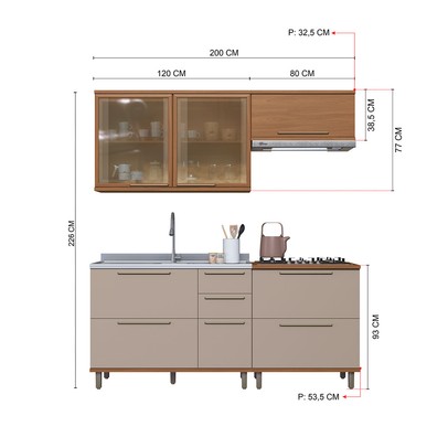 Cozinha Completa Munique 7 Portas 3 Gavetas com Vidro 6154.193 Freijó/Camurça - Indékes