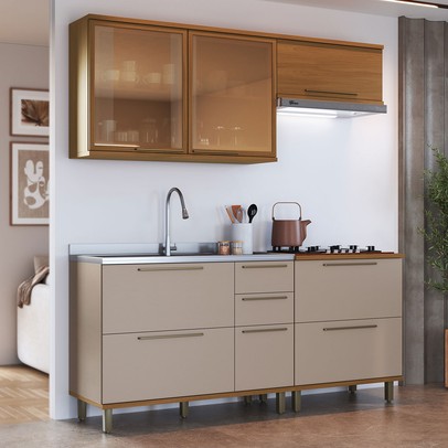 Cozinha Completa Munique 7 Portas 3 Gavetas com Vidro 6154.193 Freijó/Camurça - Indékes