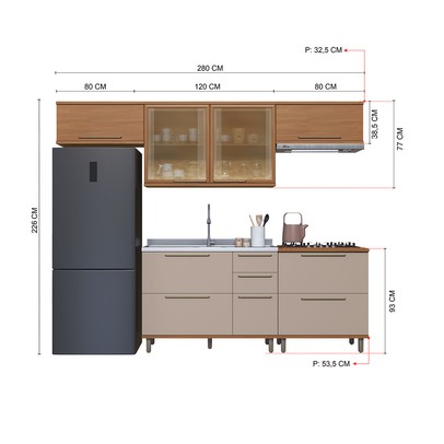Cozinha Completa Munique 8 Portas 3 Gavetas com Vidro 6154.194 Freijó/Camurça - Indékes