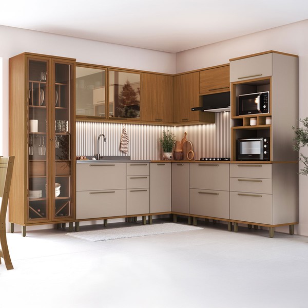 Cozinha Completa Munique 14 Portas 7 Gavetas com Vidro 6154.195 Freijó/Camurça - Indékes