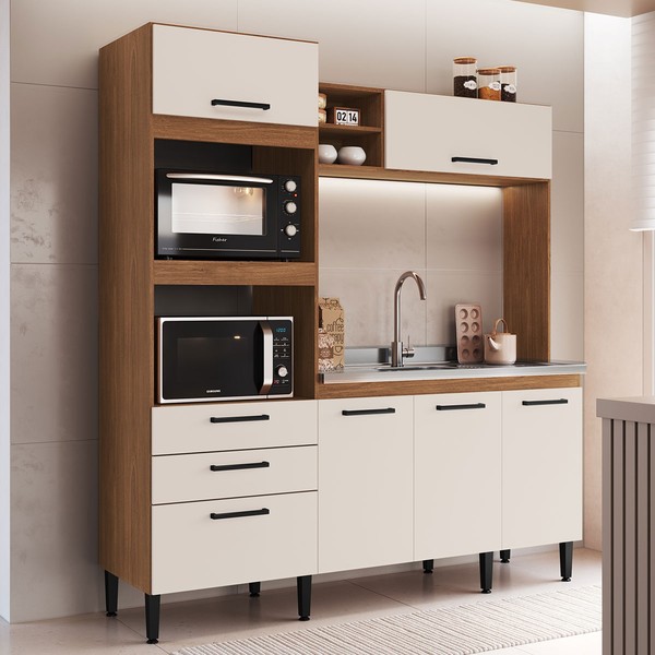 Cozinha Compacta Mel 6 Portas 2 Gavetas Freijó/Off White - Irm Móveis