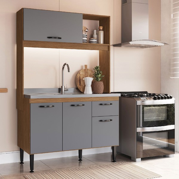 Cozinha Compacta Katy 4 Portas 1 Gaveta Freijó/Cinza - Irm Móveis