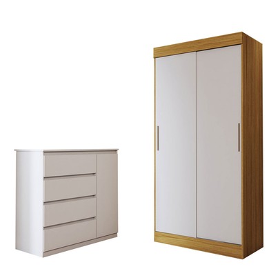 Guarda-Roupa Solteiro Lupin 2 Portas 2 Gavetas e Cômoda 4 Gavetas Marrocos/Off White/Branco - Panorama Móveis