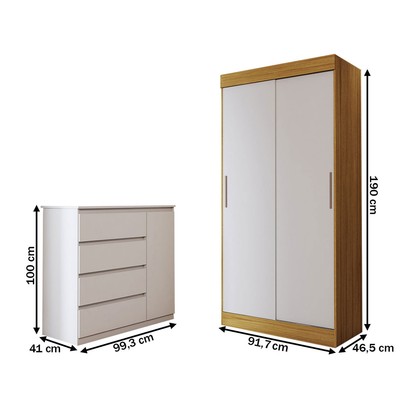 Guarda-Roupa Solteiro Lupin 2 Portas 2 Gavetas e Cômoda 4 Gavetas Marrocos/Off White/Branco - Panorama Móveis