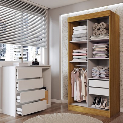 Guarda-Roupa Solteiro Lupin 2 Portas 2 Gavetas e Cômoda 4 Gavetas Marrocos/Off White/Branco - Panorama Móveis