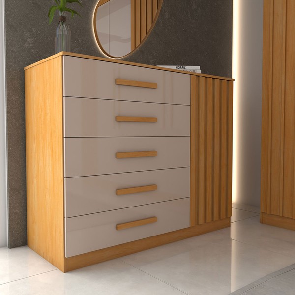 Cômoda Argo 1 Porta 5 Gavetas Cinamomo/Off White Estrutura Premium 15mm - Panorama Móveis