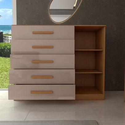 Cômoda Argo 1 Porta 5 Gavetas Cinamomo/Off White Estrutura Premium 15mm - Panorama Móveis