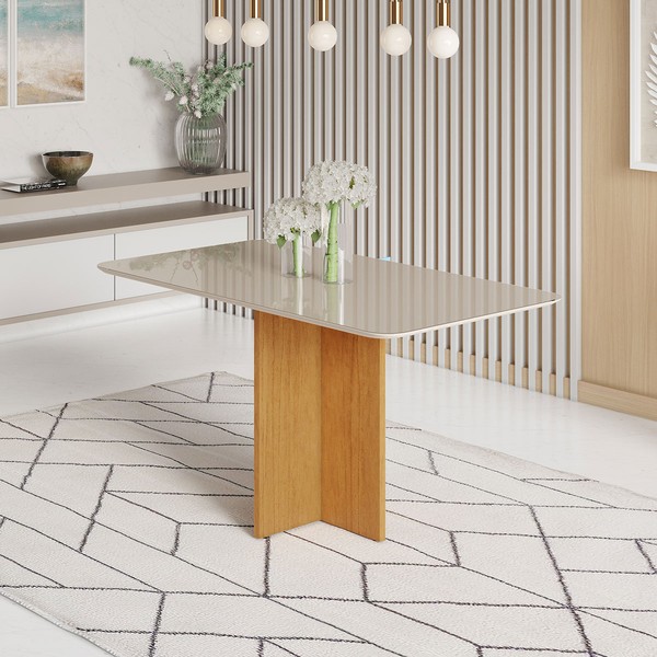 Mesa de Madeira Madrid 120 Cm com Vidro Cinamomo/Off White - Pnr Móveis