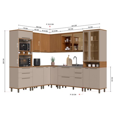 Cozinha Completa Firenze 15 Portas 6 Gavetas com Vidro 6154.196 Freijó/Camurça - Indékes