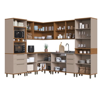 Cozinha Completa Firenze 15 Portas 6 Gavetas com Vidro 6154.196 Freijó/Camurça - Indékes