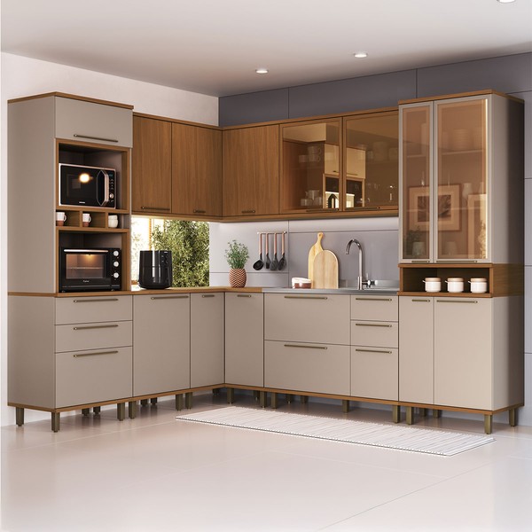 Cozinha Completa Firenze 15 Portas 6 Gavetas com Vidro 6154.196 Freijó/Camurça - Indékes