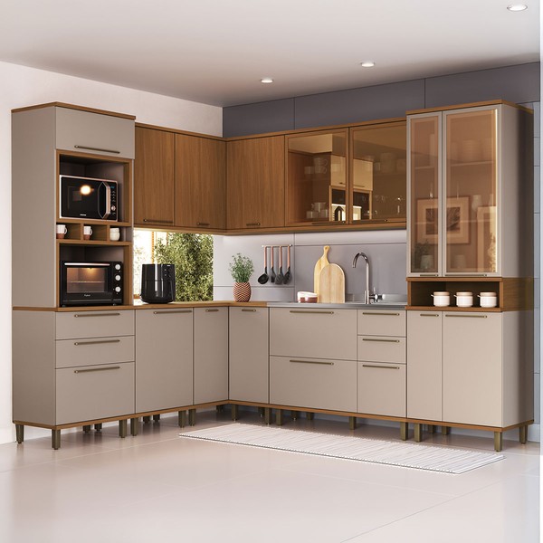 Cozinha Completa Munique 15 Portas 6 Gavetas com Vidro 6154.197 Freijó/Camurça - Indékes