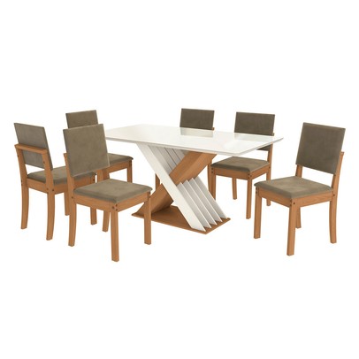 Mesa de Jantar 6 Lugares Samanta com Vidro Canela/Off White/Bege - Kappesberg Jantar