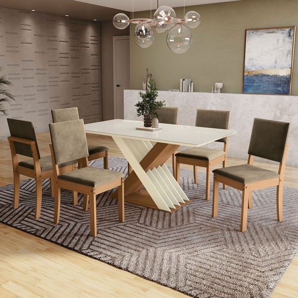 Mesa de Jantar 6 Lugares Samanta com Vidro Canela/Off White/Bege - Kappesberg Jantar