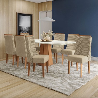 Mesa de Jantar 8 Lugares Tiffany com Vidro Canela/Off White/Bege - Kappesberg Jantar