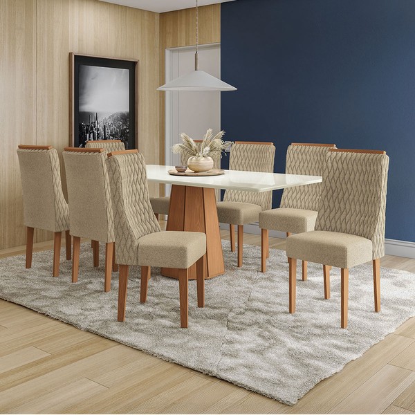 Mesa de Jantar 8 Lugares Tiffany com Vidro Canela/Off White/Bege - Kappesberg Jantar