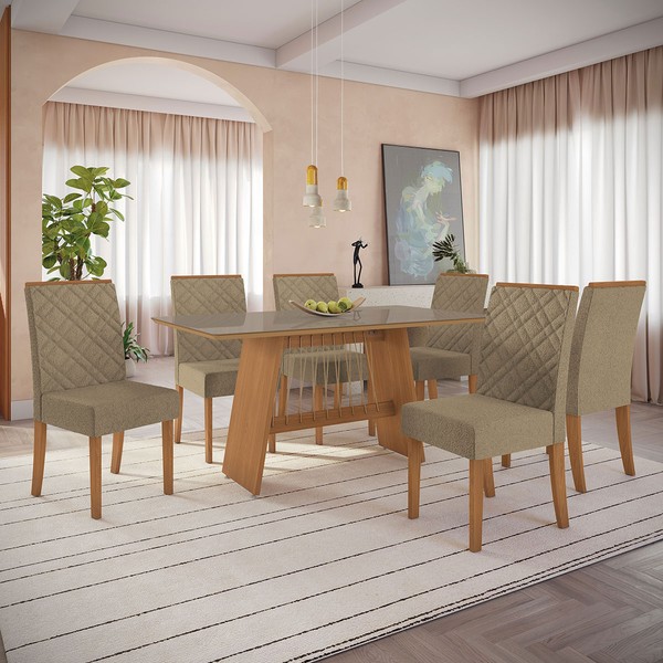 Mesa de Jantar 6 Lugares Elise com Vidro Freijo/Bronze/Capuccino - Kappesberg Jantar