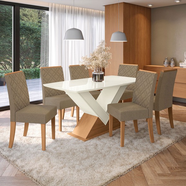 Mesa de Jantar 6 Lugares Camélia com Vidro Canela/Off White/Capuccino - Kappesberg Jantar