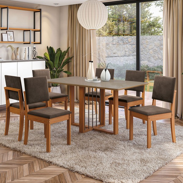 Mesa de Jantar 6 Lugares Nadine com Vidro Canela/Freijo/Bronze Marrom - Kappesberg Jantar