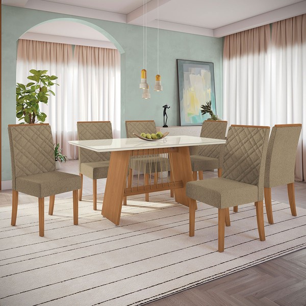 Mesa de Jantar 6 Lugares Fiorella com Vidro Canela/Off White/Capuccino - Kappesberg Jantar